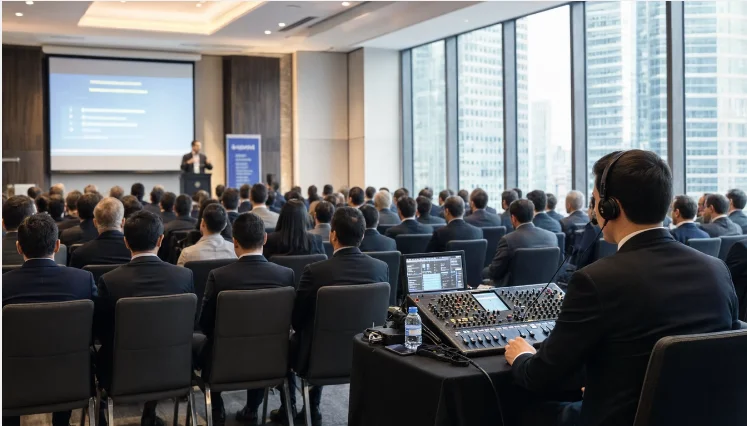 Professional interpreter speaking at a business conference in Dubai