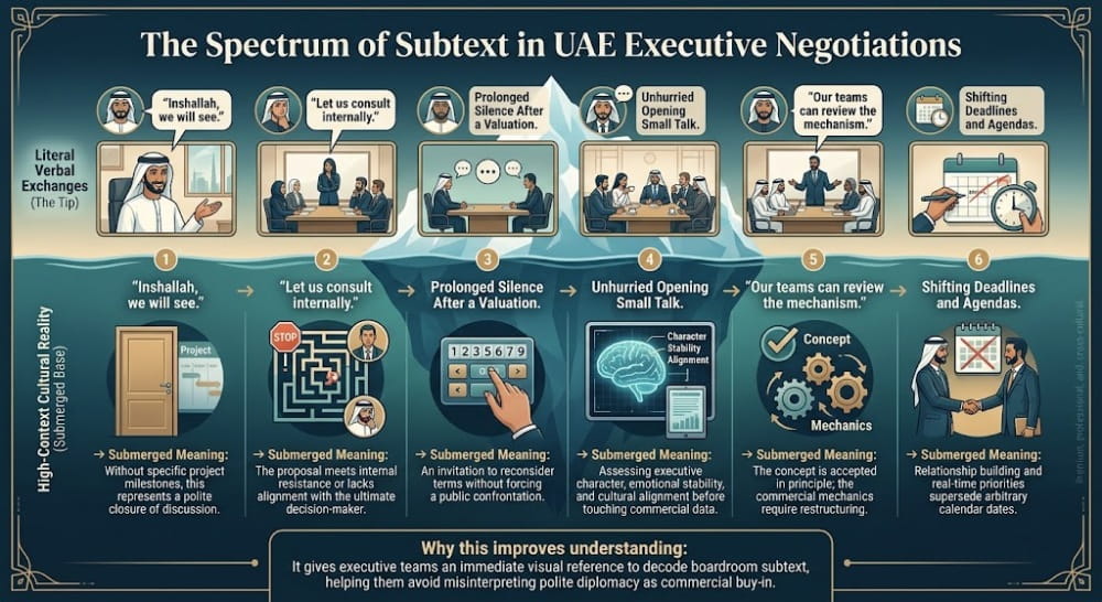 The Spectrum of Subtext in UAE Executive Negotiations
Visual Concept: A dual-layered iceberg infographic